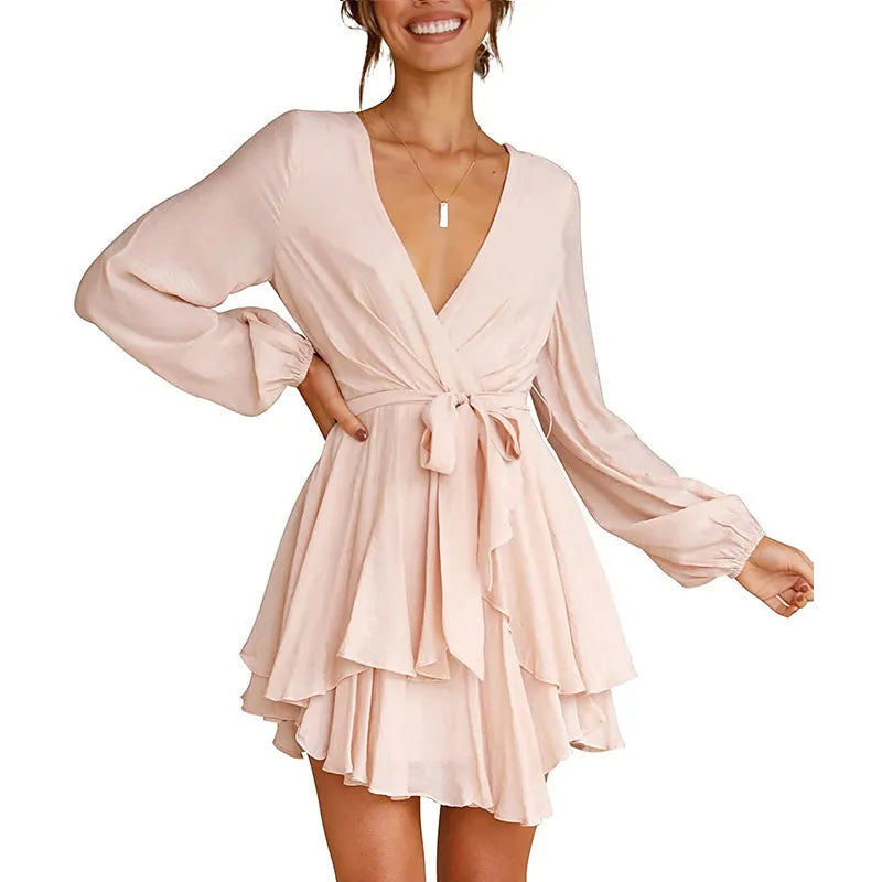 Luxury Summer Dress for Women - Deep V-Neck Long Sleeve Tie-Waist Pleated Skater Dress