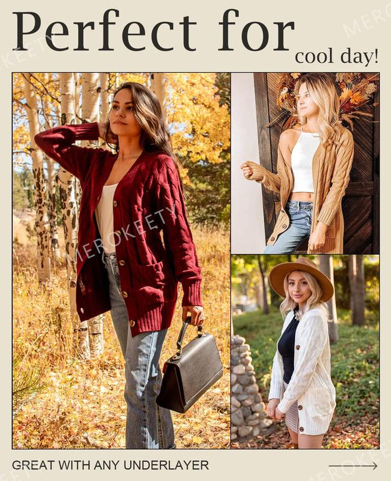 MEROKEETY Women's 2024 Fall Long Sleeve Cable Knit Open Front Cardigan with Buttons - Stylish Loose Outerwear for Everyday Wear