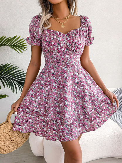 Floral Lace-Up Dress for Women - Stylish Mid-Waist Short Sleeves for Spring & Summer Comfort