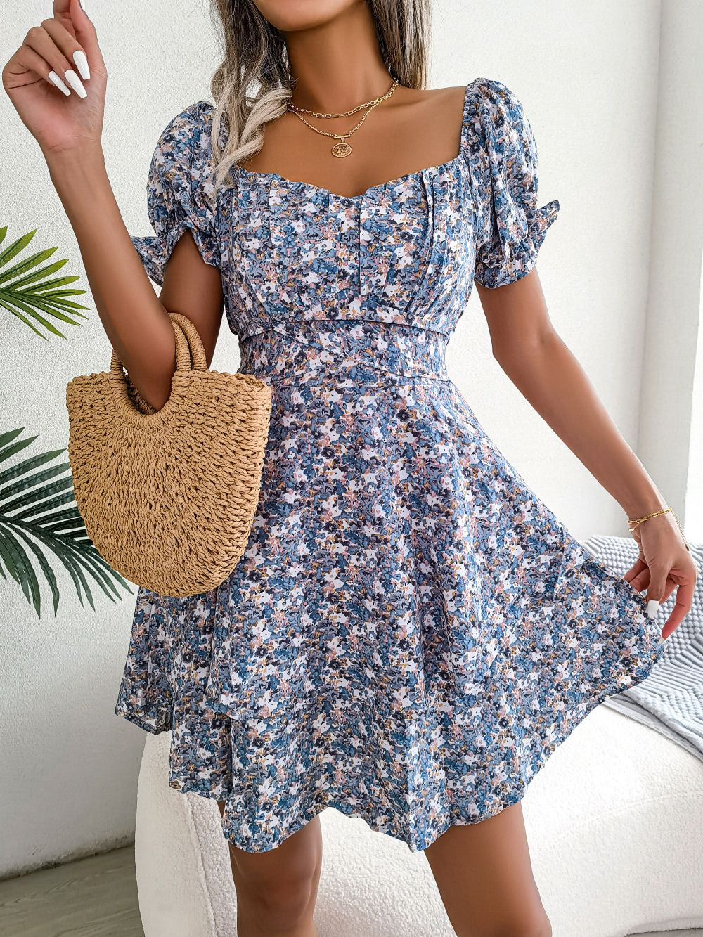 Floral Lace-Up Dress for Women - Stylish Mid-Waist Short Sleeves for Spring & Summer Comfort
