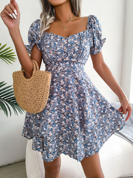 Floral Lace-Up Dress for Women - Stylish Mid-Waist Short Sleeves for Spring & Summer Comfort