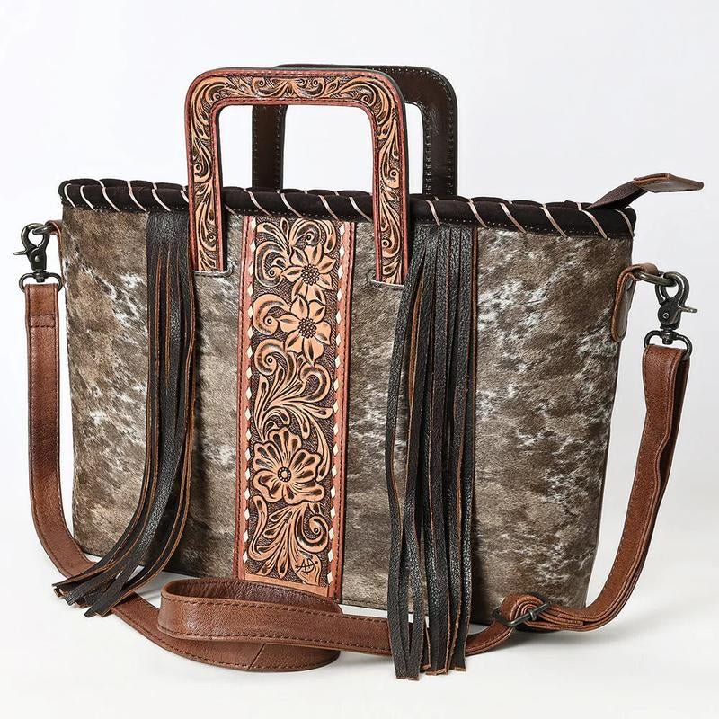 Stylish American Darling Cowhide Leather Tote Bag with Floral Tooled Design, Fringe Accents & Sturdy Handles