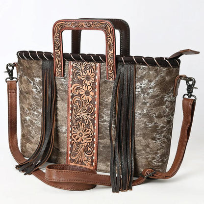 Stylish American Darling Cowhide Leather Tote Bag with Floral Tooled Design, Fringe Accents & Sturdy Handles