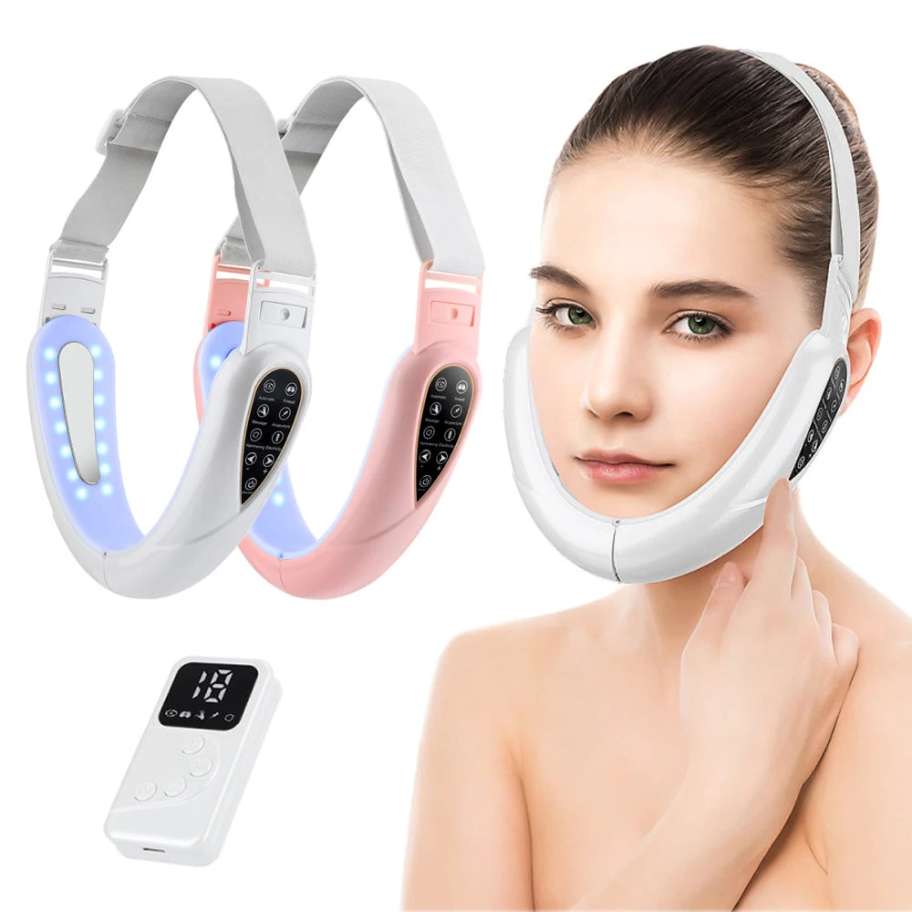LED Photon Therapy Facial Lifting and Slimming Device with Vibration and Heat for Double Chin Reduction
