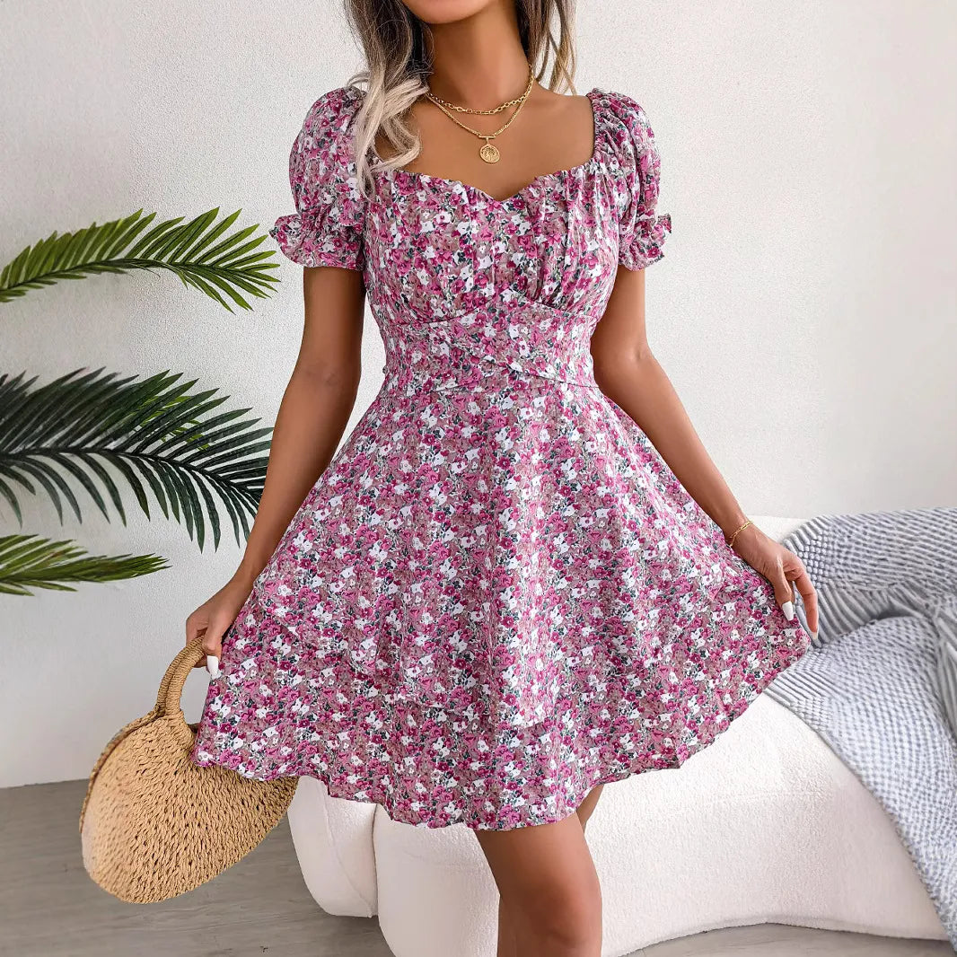 Floral Lace-Up Dress for Women - Stylish Mid-Waist Short Sleeves for Spring & Summer Comfort