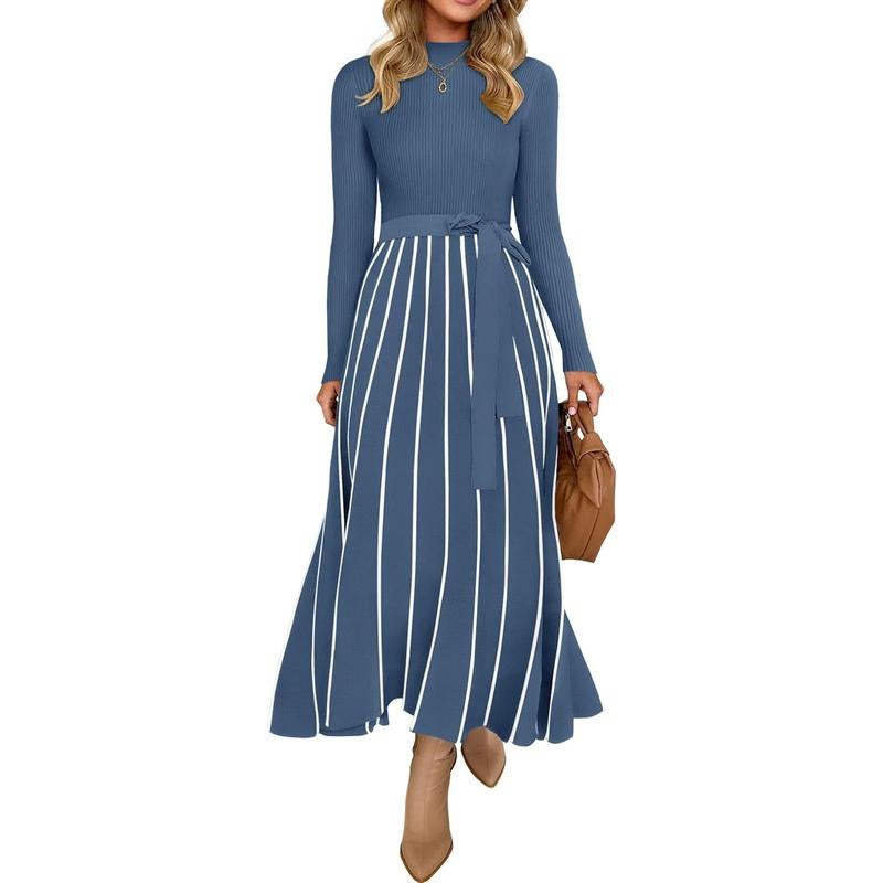 ZESICA Women's 2025 Fall Turtleneck Long Sleeve Sweater Dress with Tie Waist - Casual Loose Ribbed Knit A-Line Midi Dress