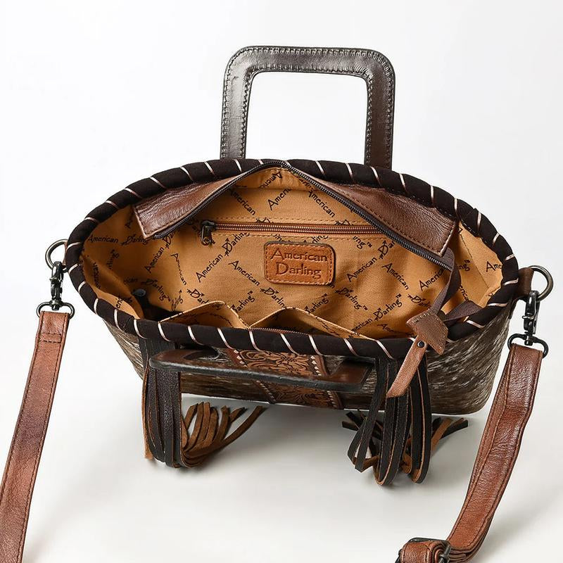 Stylish American Darling Cowhide Leather Tote Bag with Floral Tooled Design, Fringe Accents & Sturdy Handles